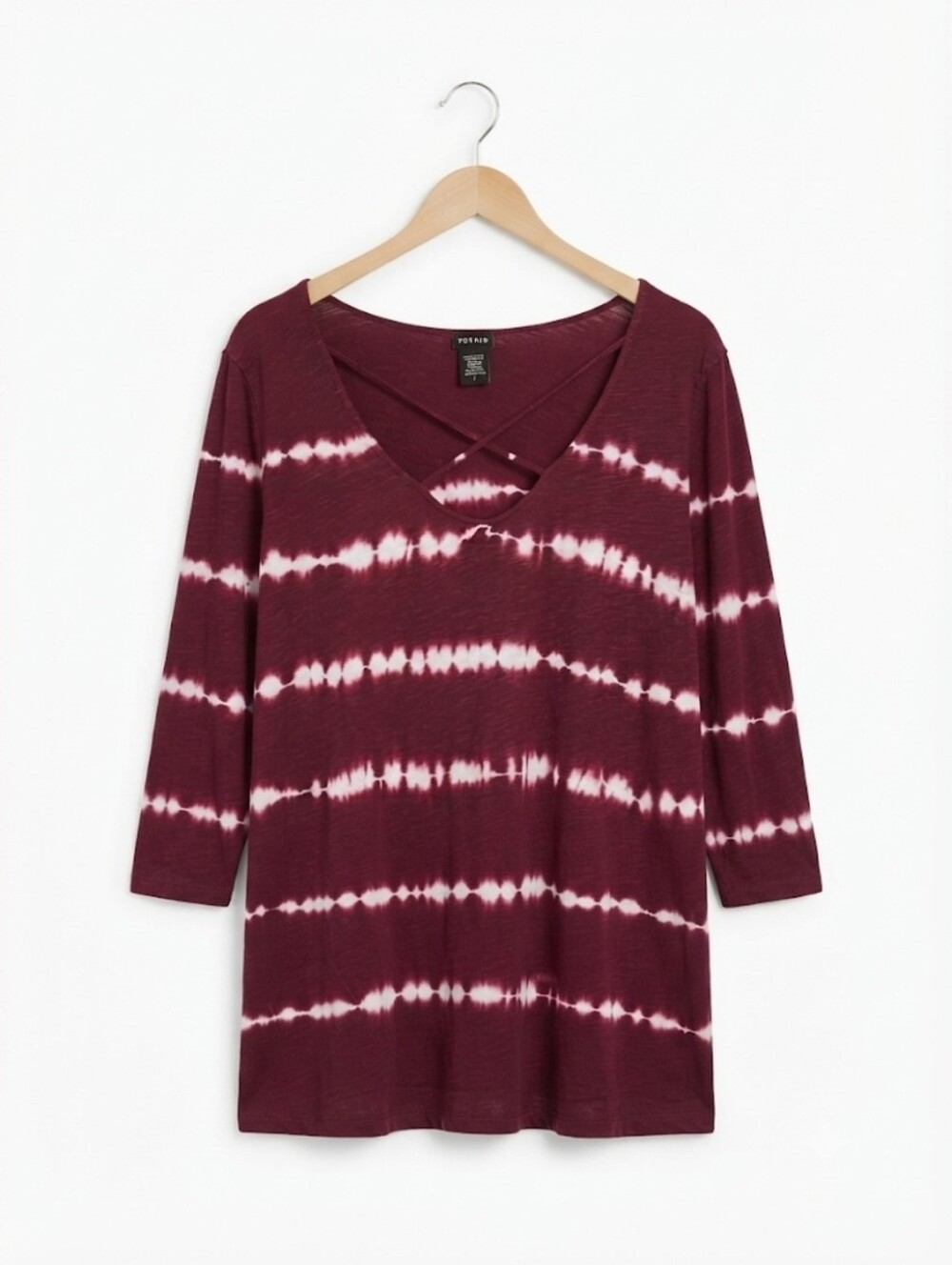 Torrid Burgundy and White Tie-Dye V-Neck Tunic with Crisscross Size 2
